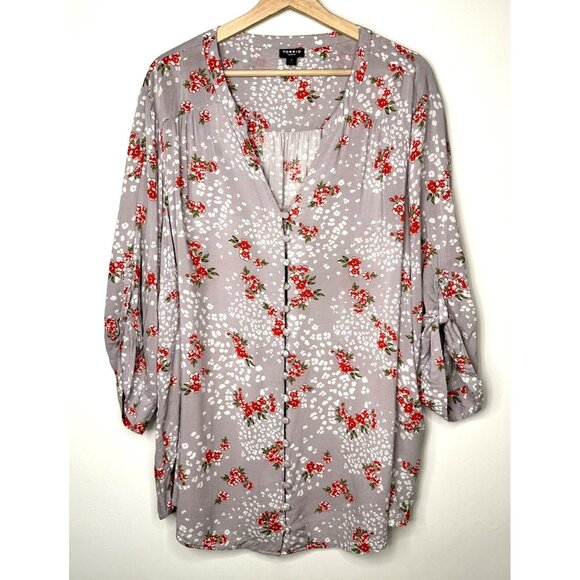 Torrid Womens Blouse Harper Challis Leopard Floral Print Gray Red Size 4 - Picture 1 of 10